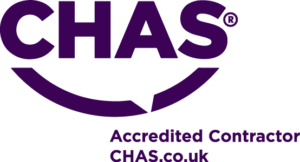 Chas logo with purple text and a speech bubble, indicating an associated contractor organization.