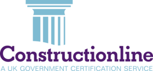 A blue classical column with the text Constructionline and UK government construction services below it.